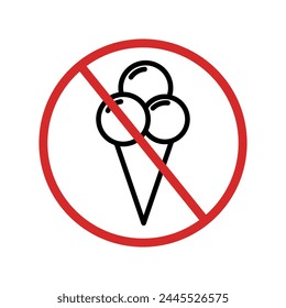 No ice cream sign. Not allowed entrance with food. Black ice cream icon in a red crossed-out circle. Vector illustration