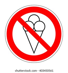No ice cream symbol. No ice-cream. Stop ice cream. Red forbidding sign for ice-cream. Ban cold dairy delicacy. Forbidden to eat sweets. Red icon without ice cream. No eating sign. Vector illustration
