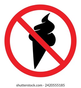 No ice cream symbol, prohibitory sign, red crossed out circle vector symbol with ice cream silhouette