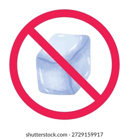 No hay señal de cubo de hielo, icono de cubo de hielo prohibido, símbolo prohibido de cubo congelado, no use el icono de cubo de hielo, señal de restricción de hielo, Ilustración vectorial