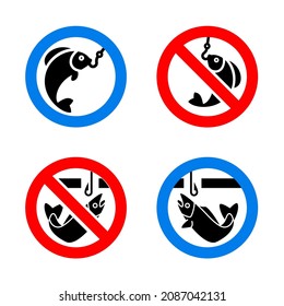 No ice fishing forbidden sign, modern round stickers, vector illustration