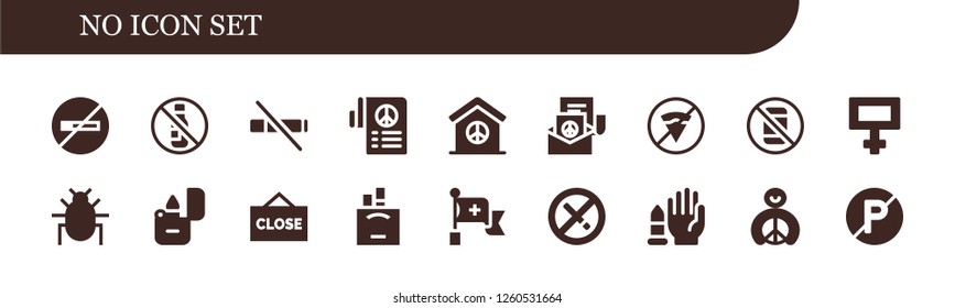  no icon set. 18 filled no icons. Simple modern icons about  -  smoking, No alcohol,  smoke, Peace,  fast food, No phone, Parasite, Lighter, Close, Cigarettes, Red cross