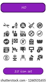  no icon set. 25 filled icons. Simple modern icons about  - smoke, Restriction, No poop alcohol, No photo, No weapons, Lighter, Cigarette, smoking, Red cross, fast food