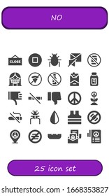no icon set. 25 filled no icons.  Simple modern icons such as: Close, Stop, Parasite, Mute, No phone, Censor, fast food, alcohol, Cigarette, Alcohol, Thumbs down, smoke