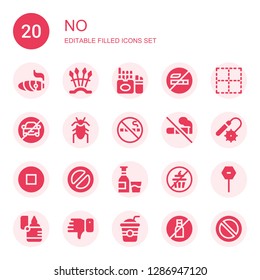 no icon set. Collection of 20 filled no icons included Cigar, Weapons, Cigarette, No smoking, border, parking, Cockroach, Stop, Banned, Alcohol, sweets, Lighter, Dislike