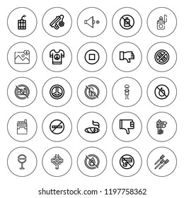 No icon set. collection of 25 outline no icons with cigar, cigarettes, dislike, dynamite, cross, pessimistic, peace, photograph, stop, thumbs down icons. editable icons.