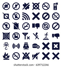No icons set. set of 36 no filled icons such as dislike, prohibited, cancel, cross, camera printing photo