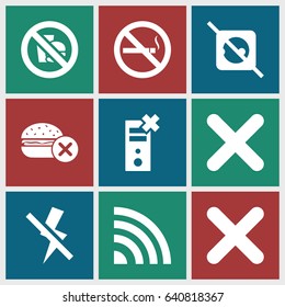 No icons set. set of 9 no filled icons such as cancel, cross