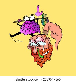 No idea cartoon vector illustration. The brain leaves the head of a man showing the middle finger. Art isolated on background.