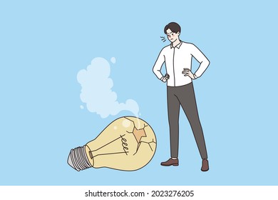 No idea, challenge and crisis concept. Young frustrated Businessman standing looking at fallen broken light bulb feeling problems in creativity vector illustration 