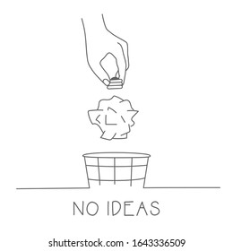 No Ideas Concept. Crumpled Paper Ball Being Thrown Into The Trash Bin. Hand Drawn Vector Illustration.