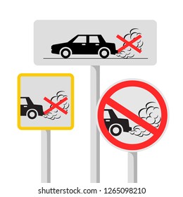 No idling road sign. Turn engine off symbol on white background. Forbidden exhaust crossed line label. Smoke and smog danger. Environmental pollution