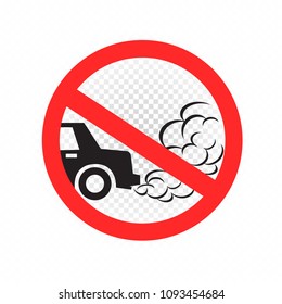 No idling turn engine off sign symbol icon on white transparent background. Forbidden exhaust round label. Smoke and smog danger. Environmental pollution