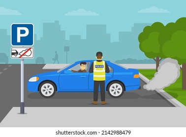 "No idling, turn engine off" traffic sign. Police officer writing a violation ticket to driver on idle-free parking zone for smoke from the exhaust of car. Flat vector illustration template.