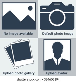 No Image Or Photo Available Icon. Dark Flat Blue Profile Blank Picture, Camera, Default Photography, Download Avatar. Vector Logo Illustration.
