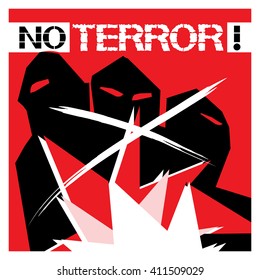 No inhuman acts.
Text poster and abstract three men in black masks on a red background.