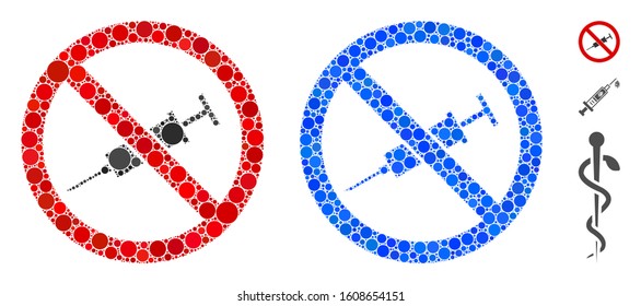 No injection composition of filled circles in various sizes and color tinges, based on no injection icon. Vector filled circles are organized into blue mosaic.