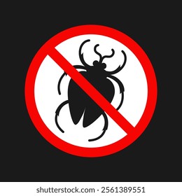 No insect sign. Anti bug poster. Silhouette of bedbug in red forbidding circle insecticide emblem. Symbol stop beetle pest control. Simple humor bug graphic icon vector isolated illustration