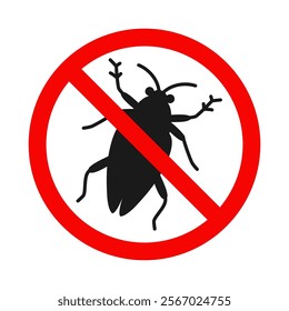 No insect sign. Anti cockroach poster. Silhouette of bug in red forbidding circle insecticide emblem. Symbol beetle pest control. Simple humor cockroach graphic icon vector isolated illustration