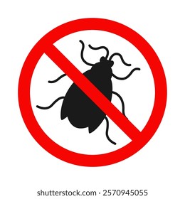 No insect sign. Anti cockroach poster. Silhouette of bug in red forbidding circle insecticide emblem. Symbol beetle pest control. Simple humor cockroach graphic icon vector isolated illustration