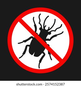 No insect sign. Anti danger bug poster. Silhouette of beetle in red forbidding circle insecticide emblem. Symbol stop beetle pest control. Simple humor bug graphic icon vector isolated illustration