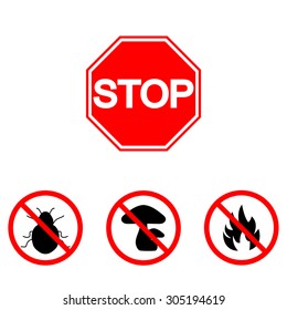 No insects. No mushrooms. No mold. No fire. Protection of wood. Fungicide. Vector illustration. Stop sign