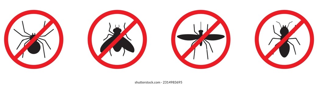 No se ha establecido ningún vector de señales de insectos. Señal roja de prohibición sin insectos. Etiqueta de advertencia. Etiqueta prohibida.