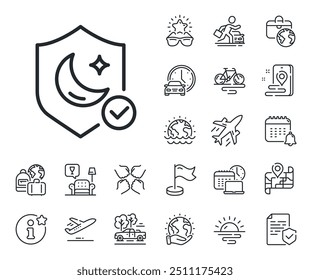 No insomnia sign. Plane jet, travel map and baggage claim outline icons. Sleep guard line icon. Night protection symbol. Guard line sign. Car rental, taxi transport icon. Place location. Vector