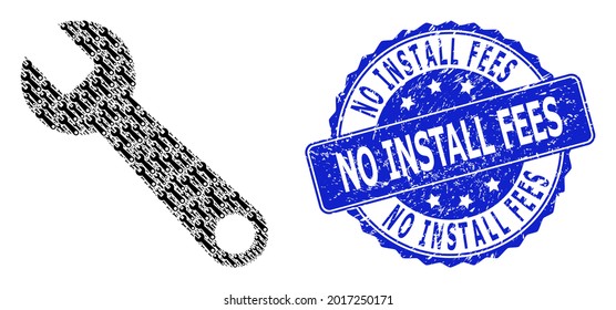 Sin cargos de instalación estampado de redondeo texturado y cordón de colaje fractal vectorial. El sello azul incluye el título Sin cargos de instalación dentro de forma redonda. El collage vectorial se compone de pictogramas de spanner aleatorios.