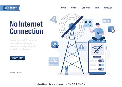 No hay conexión a Internet, Plantilla de la página de destino. wifi no disponible, wi-fi no tiene Internet. Usuario infeliz sentado en el teléfono móvil fuera de línea, sin señal wifi. Problemas con la torre de comunicación gsm o el router.