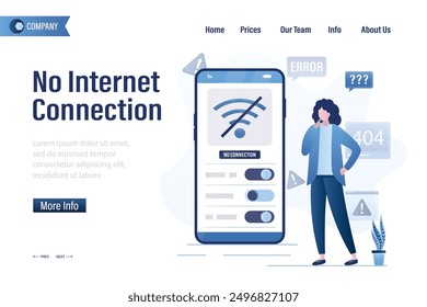 Keine Internetverbindung, Zielseitenvorlage. WiFi nicht verfügbar, Benutzer hat kein Internet. Frau mit Smartphone offline und verwirrt, weil es kein WLAN-Signal. Probleme mit Router oder Netzwerk. Vektor