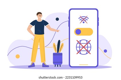 No Internet Connection. Lost wi-fi signal on phone. Man standimg around big phone. Offline error, No Wi-Fi signal. disconnect, error connection. Vector illustration concept