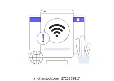 No hay Internet. Sin conexión, sin internet, buscando señal de red inalámbrica en el dispositivo. Conveniente para la página de aterrizaje, publicidad. Ilustración vectorial plana de la historieta, icono Web elegante de la página de aterrizaje del diseño abstracto 