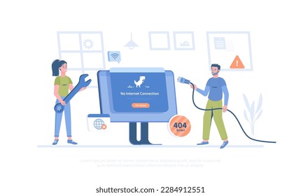 No Internet Connection. Web page not loading. Offline error, No Wi-Fi signal. The network cable is disconnected. Cartoon modern flat vector illustration for banner, website design, landing page.