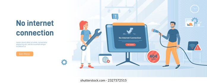 No Internet Connection. Web page not loading. Offline error, No Wi-Fi signal. The network cable is disconnected. Flat concept great for social media promotional material. Website banner background.