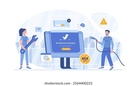 No Internet Connection. Web page not loading. Offline error, No Wi-Fi signal. The network cable is disconnected. Vector illustration with characters in flat design for web banner.