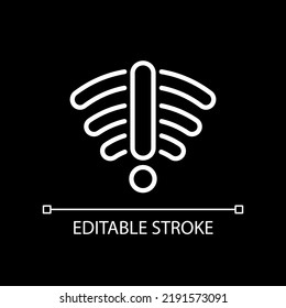 No internet connection white linear icon for dark theme. Check router and modem. Wireless network error. Thin line illustration. Isolated symbol for night mode. Editable stroke. Arial font used