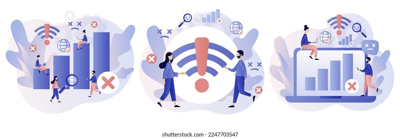 No internet connection. Wireless connectivity disconnect. Error connection wifi. No signal network. Modern flat cartoon style. Vector illustration on white background