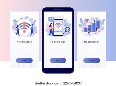 No internet connection. Wireless connectivity disconnect. Error connection wifi. No signal network. Screen template for mobile, smartphone app. Modern flat cartoon style. Vector illustration