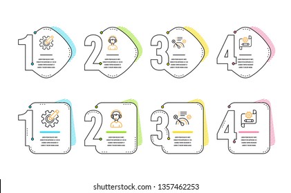 No internet, Consultant and Cogwheel icons simple set. Cogwheel blueprint sign. Bandwidth meter, Call center, Edit settings. Technology set. Infographic timeline. Line no internet icon. Vector
