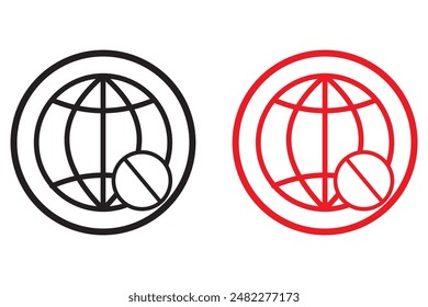 No internet globe icon on black circle. Offline connection concept