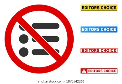 No Items sign with badges in rectangle frames. Illustration style is a flat iconic symbol inside red crossed circle on a white background. Simple No Items vector sign, designed for rules,