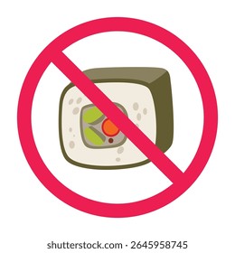 No Japanese sushi roll sign, forbidden maki sushi icon, do not eat sushi sign, sushi with red crossed circle symbol