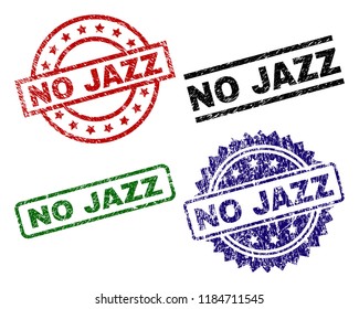 NO JAZZ seal prints with damaged texture. Black, green,red,blue vector rubber prints of NO JAZZ tag with unclean texture. Rubber seals with circle, rectangle, rosette shapes.