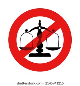 No judgement and judgment or injustice, absence of law and lawlessness - pair of scales is crossed out - being tolerant, respectful and liberal. Vector illustration isolated on white.