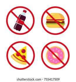 No Junk Food Icons: Sugary Soda Drink, Burger, Pizza And Donut. Crossed Prohibition Circles On Separate Layer. Healthy Dietary Habits Vector Illustration.