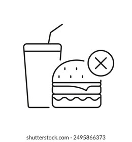 No hay icono de línea de comida chatarra, comer mal con el signo de prohibición. Hamburguesa y refresco para una dieta saludable. Ilustración vectorial aislada.