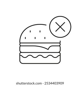 No Hay Icono De Línea De Comida Chatarra, Hamburguesa Con Símbolo De Cruz. Prohibición De Alimentos Malsanos Y Opciones De Alimentación Saludable. Ilustración vectorial aislada.