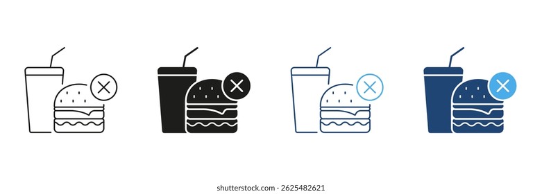 Sem Linha de Lixo Eletrônico e Conjunto de Ícones de Silhueta. Comer de forma não saudável com sinal de proibição. Burger e refrigerante para uma dieta saudável. Traço editável. Ilustração de vetor isolada.
