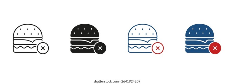 No Junk Food Line and Solid Icon Set. Burger with Prohibition Symbol Collection. Unhealthy Food Restriction. Isolated Vector Illustration.